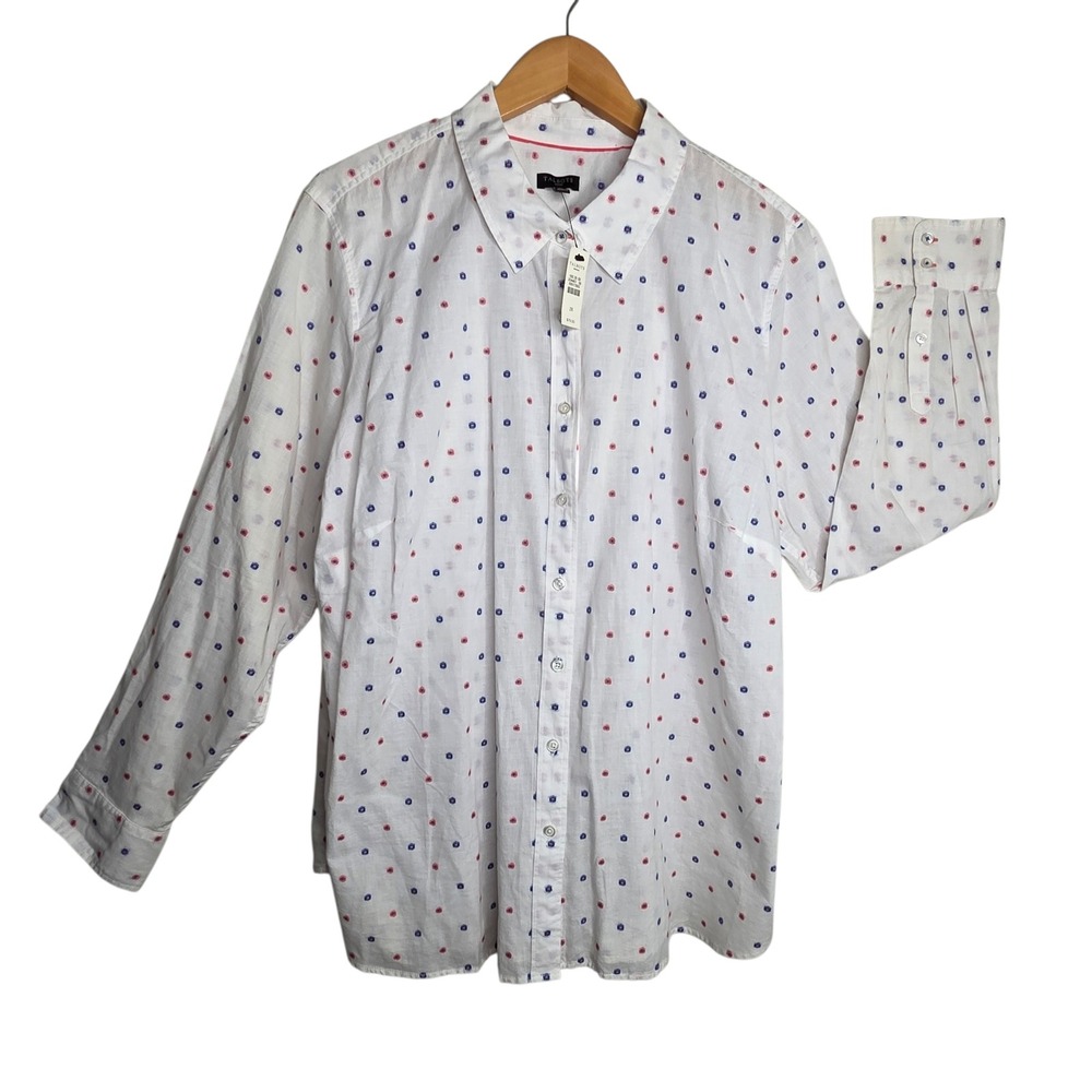NEW Talbots Womens White Cotton Polka Dot Button Down Shirt Plus 2X Long Sleeve